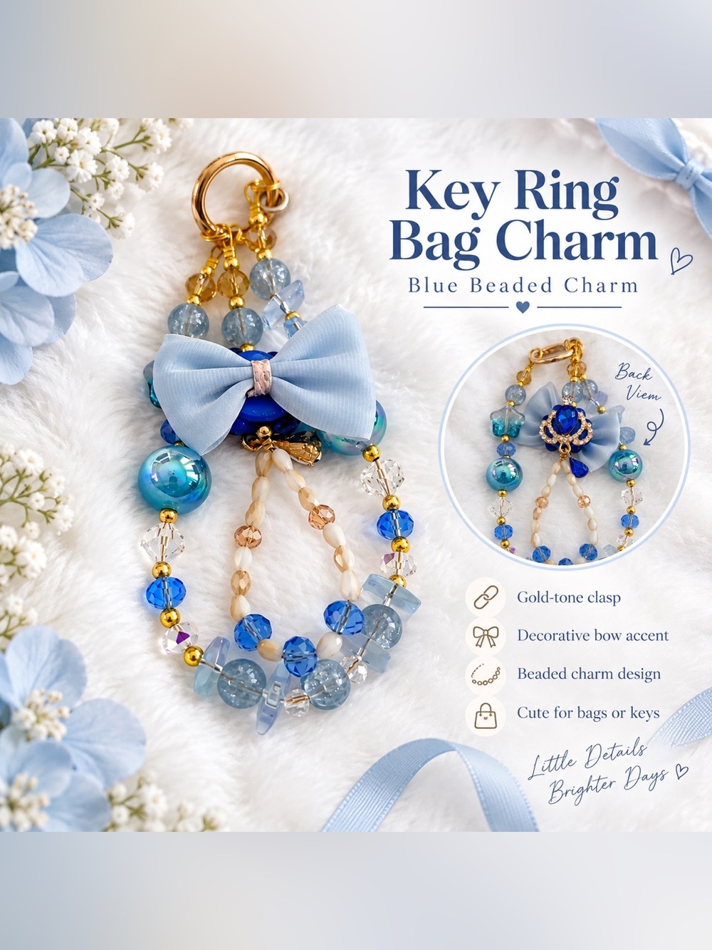 Blue Beaded Key Ring Bag Charm with Decorative Bow and stones New